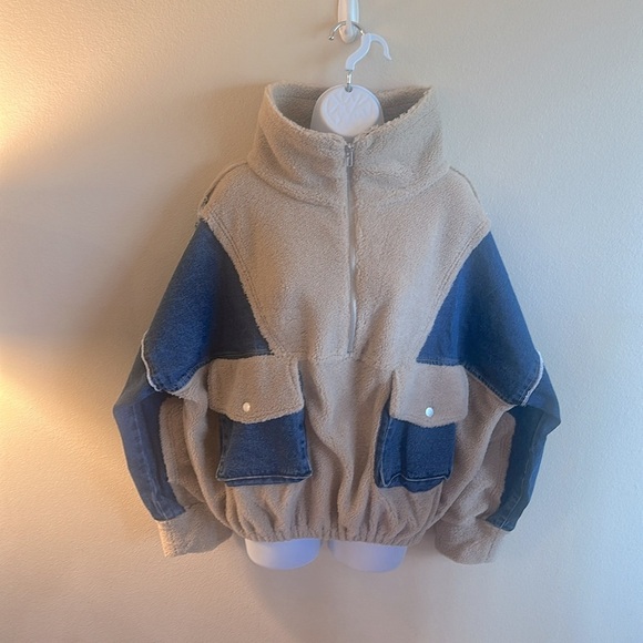 BiBi Half Zip Fleece Denim Pullover Size Large Latte Long Sleeve Pockets - Picture 4 of 14